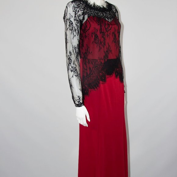 Full length Red Black Floral Lace Dress Gown Dress Formal Evening Medium - Picture 5 of 9